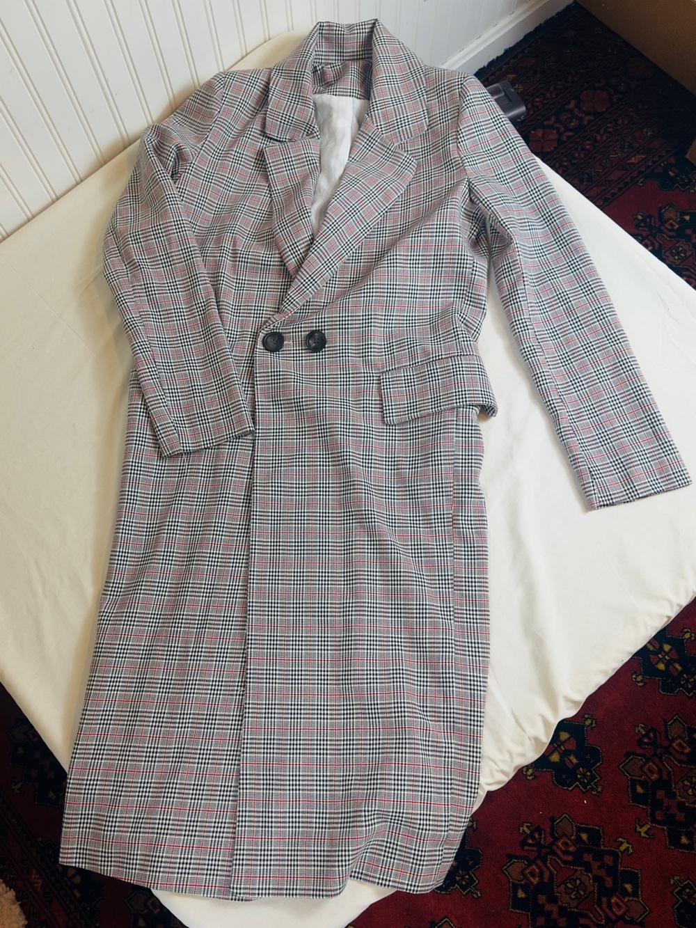 Checked Double-Breasted Men’s Blazer Coat in Gray and Red